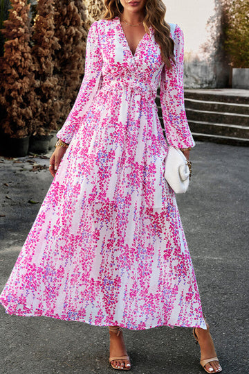 Woochic robe longue mousseline imprimé à fleurie fendu le côté v-cou élégant bal de promo Rose S